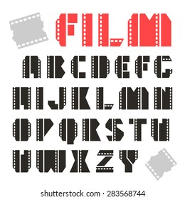 Sans Serif Decorative Font In The Form Of Cinema Film. Black And Red Font On White Background