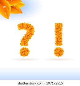 Sans serif font with autumn leaf decoration on white background. Question and exclamation marks