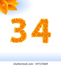 Sans serif font with autumn leaf decoration on white background. 3 and 4 numerals