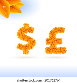 Sans serif font with autumn leaf decoration on white background. Dollar and euro sings