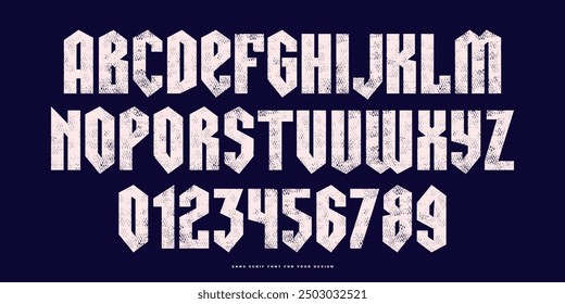 Sans serif font in black letter style. Letters and numbers with rough texture for logo and emblem design. White print on black background