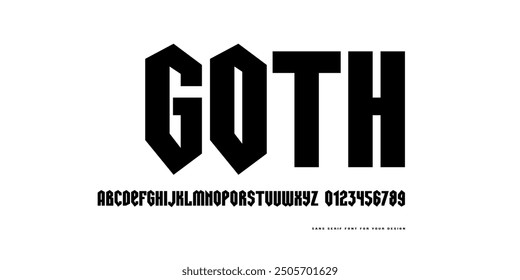 Sans serif font in black letter style. Letters and numbers for logo and emblem design. Black print on white background