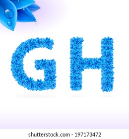Sans serif font with blue leaf decoration on white background. G and H letters