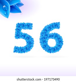 Sans serif font with blue leaf decoration on white background. 5 and 6 numerals