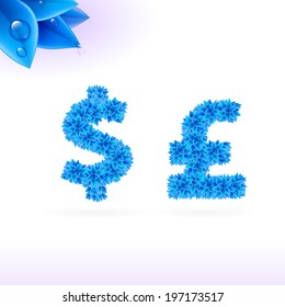 Sans serif font with blue leaf decoration on white background. Dollar and pound sterling signs
