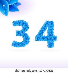 Sans serif font with blue leaf decoration on white background. 3 and 4 numerals