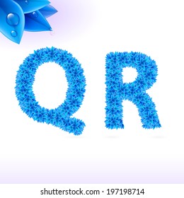 Sans serif font with blue leaf decoration on white background. Q and R letters