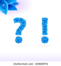 Sans serif font with blue leaf decoration on white background. Question and exclamation marks
