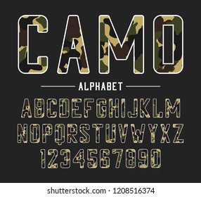 Sans serif font with camouflage texture. Condensed bold typeface, high alphabet with numbers in military and army style. Vector illustration.