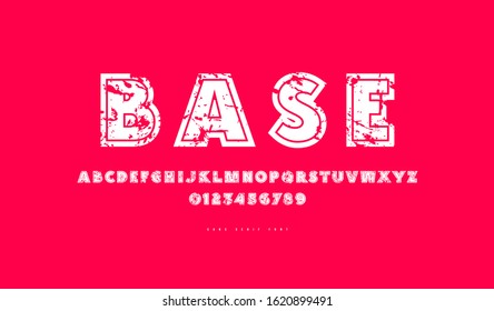 Sans serif font with contour. Letters and numbers with rough texture for athletic logo and t-shirt design. White print on red background