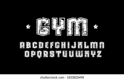 Sans serif font with contour. Letters with rough texture for sport logo and emblem design. White print on black background 