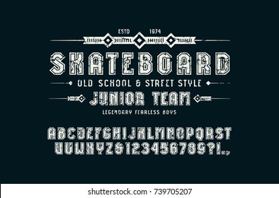 Sans serif font with contour. Letters and numbers with rough texture for logo and t-shirt design. Print on black background