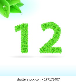 Sans serif font with green leaf decoration on white background. 1 and 2 numerals