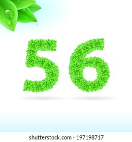 Sans serif font with green leaf decoration on white background. 5 and 6 numerals