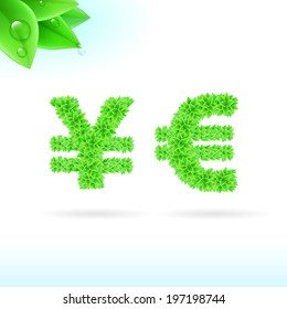 Sans serif font with green leaf decoration on white background. Yen and euro signs