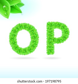 Sans serif font with green leaf decoration on white background. O and P letters