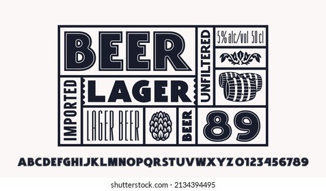 Sans serif font with internal contour. Template label for lager beer. Vector illustration. Black print on white background