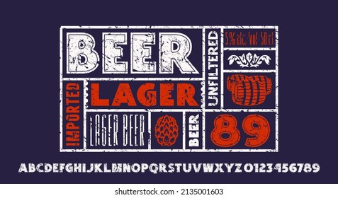 Sans serif font with internal contour. Template label for lager beer. Vector illustration. Color print with vintage texture on blue background