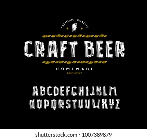 Sans Serif Font In Linocut Style. Craft Beer Label Template. Print On Black Background