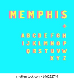 Sans Serif Font in Memphis Style. Colorful Decorative type. Capital letters. Great font for headlines, labels, quotes, titles, posters or logotypes. Latin alphabet letters.