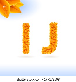 Sans serif font with orange leaf decoration on white background. I and J letters