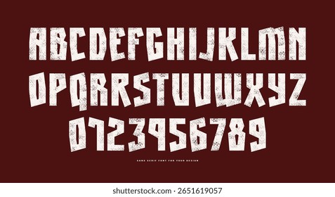 Sans serif font in retro style. Letters and numbers with rough texture for logo and emblem design. White print on brown background