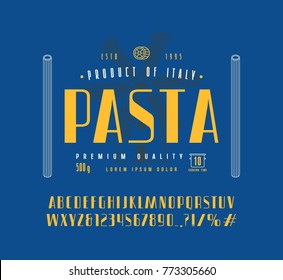 Sans serif font in retro style and pasta label. Letters and numbers for logo and title design. Color print on blue background