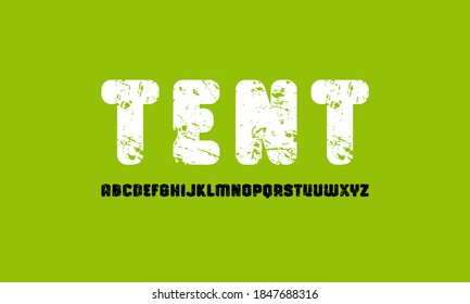Sans serif font with rounded corners. Letters and numbers with rough texture for logo and emblem design. Print on green background