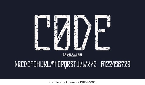 Sans serif font with rounded corners. Letters and numbers with rough texture for sci-fi, movie, cyber and space logo design. Vector illustration. White print on black background