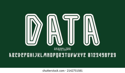 Sans serif Schriftart mit abgerundeten Ecken und Kontur. Buchstaben und Nummern für das Design von Sport-, Cyber- und Weltraumlogo. Vektorgrafik. Weißer Druck auf grünem Hintergrund
