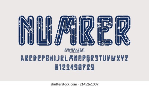 Sans serif font with rounded corners and contour. Letters and numbers with rough texture for sport, cyber and space logo design. Vector illustration. Green print on white background