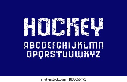 Sans serif font in sport style. Letters with rough texture for logo and emblem design. White print on blue background