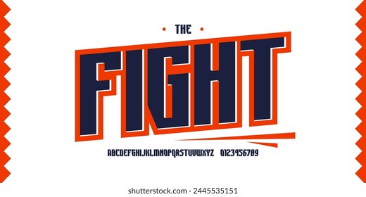 Sans serif font in sport style. Rectangular letters and numbers for emblem design. Color print on white background