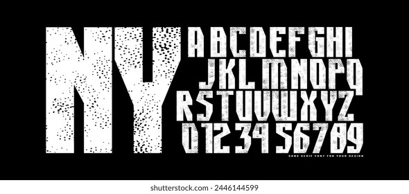 Sans serif font in sport style. Rectangular letters and numbers with rust texture for emblem design. Color print on white background