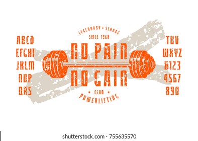 Sans serif font in the sport style. Athletic emblem for t-shirt. Letters and numbers with spray texture for logo and title design. Print on white background