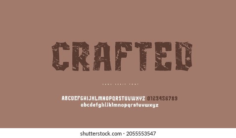 Sans serif font in the style of hand drawn graphic. Letters and numbers with vintage texture for logo and emblem design. Vector illustration