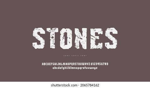 Sans serif font in the style of hand drawn graphic. Letters and numbers with vintage texture for logo and emblem design. Vector illustration