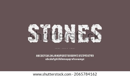 Sans serif font in the style of hand drawn graphic. Letters and numbers with vintage texture for logo and emblem design. Vector illustration