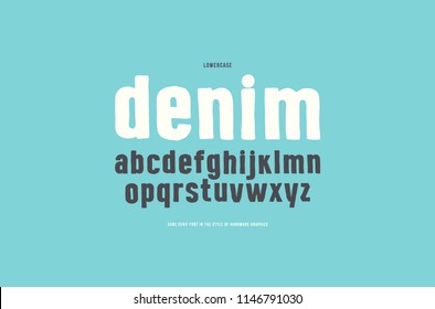 Sans serif font in the style of handmade graphics. Lowercase letters for t-shirt and emblem design. Print on blue background