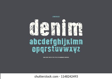 Sans serif font in the style of handmade graphics. Lowercase letters with rough texture for t-shirt and emblem design. Print on gray background