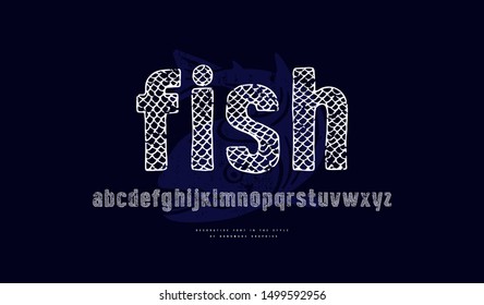 Sans Serif Font In The Style Of Handmade Graphics With Fish Scales Texture. Lowercase Letters For Label And Emblem Design. Print On Black Background