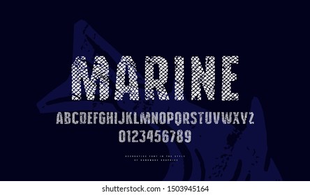 Sans serif font in the style of handmade graphics with fish scales texture. Letters and numbers for label and emblem design. Print on black background