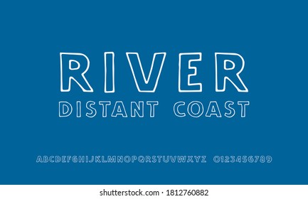 Sans serif font in the style of handmade graphic. Hollow letters and numbers for logo and t-shirt design. White print on blue background