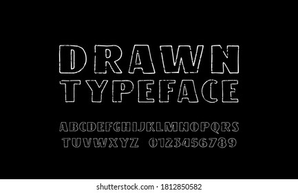 Sans serif font in the style of handmade graphic. Hollow letters and numbers with rough texture for logo and t-shirt design. White print on black background