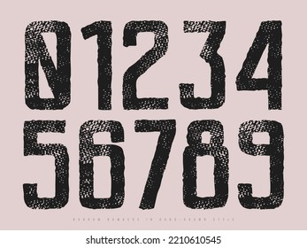 Sans serif font in the style of handmade graphic. Numbers with vintage texture for logo and emblem design. Vector illustration