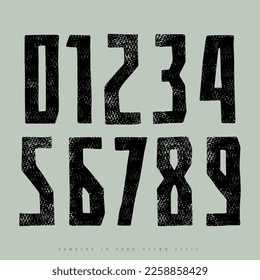 Sans serif font in the style of handmade graphic. Numbers with vintage texture for logo and emblem design. Vector illustration