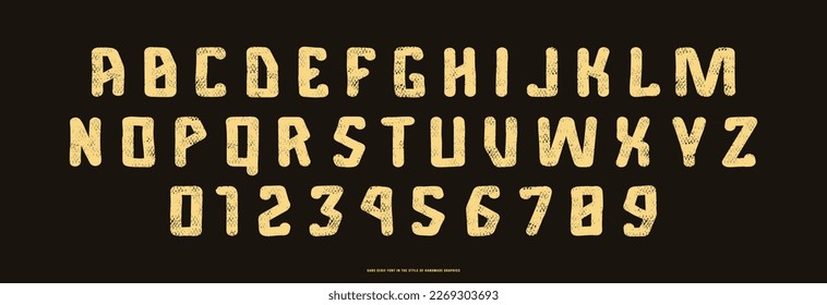 Sans serif font in the style of handmade graphics. Letters and numbers with texture for logo and emblem design