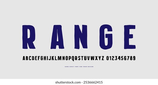 Fuente Sans serif en el estilo de gráfico hecho a mano. Letras y números para el diseño del logotipo y emblema. Imprimir sobre fondo blanco