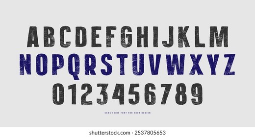 Fonte Sans serif no estilo de gráfico feito à mão. Letras e números com textura áspera para design de logotipo e emblema. Imprimir sobre fundo branco