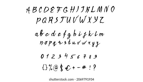 Fuente sans serif. Ilustración vectorial. Mayúsculas, minúsculas, números, signos. 